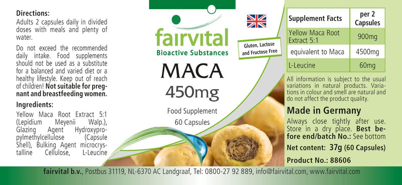 Fairvital | Maca Kapseln 450mg - HOCHDOSIERT - VEGAN - 60 Kapseln - 4-fach konzentrierter Wurzelextrakt - NewNest Australia