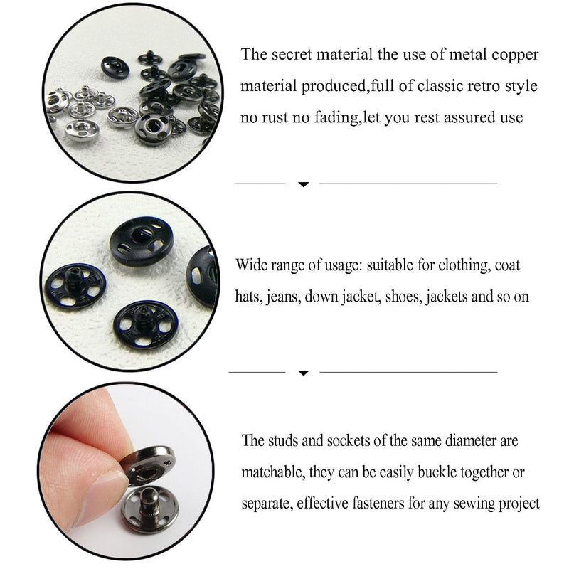 Kenkio 120 Sets Sew-on Snap Buttons Metal Snaps Fasteners Press Studs Buttons for Sewing , 8 mm and 10 mm,Black and Silver - NewNest Australia