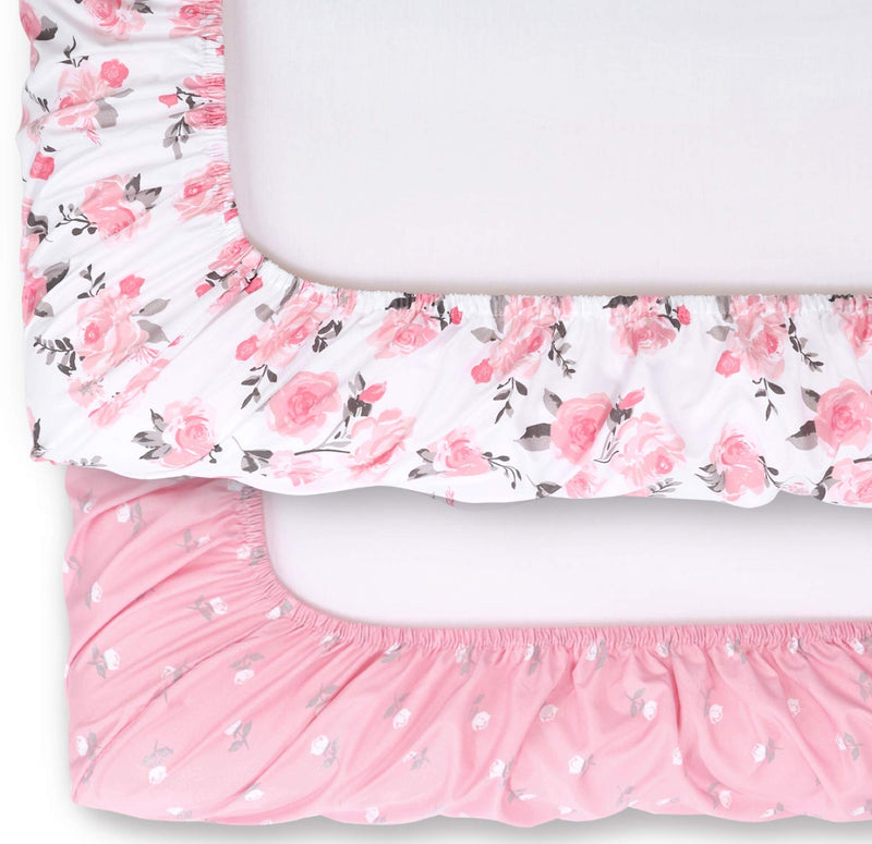 The Peanutshell Crib Sheet Set for Baby Girls | Pink Roses & Ditsy Floral | 2 Pack Set - NewNest Australia