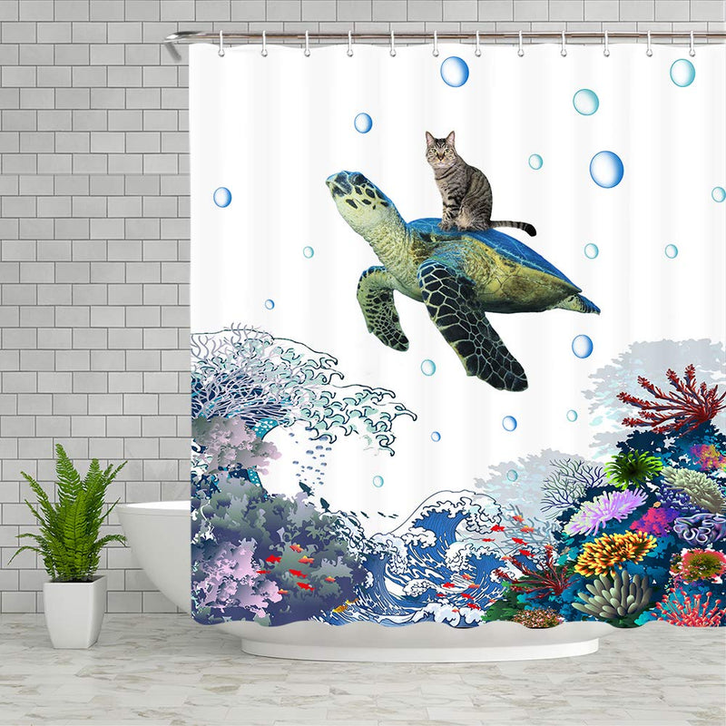 Funny Turtle Cat Shower Curtain , Hilarious Ocean Animal Shower Curtan Set, Cat Riding Turtle on Great Wave Coral Shower Curtain for Bathroom, Blue Fabric Bathroom Curtain with Hooks, 69x70inches 69"Wx70"L - NewNest Australia