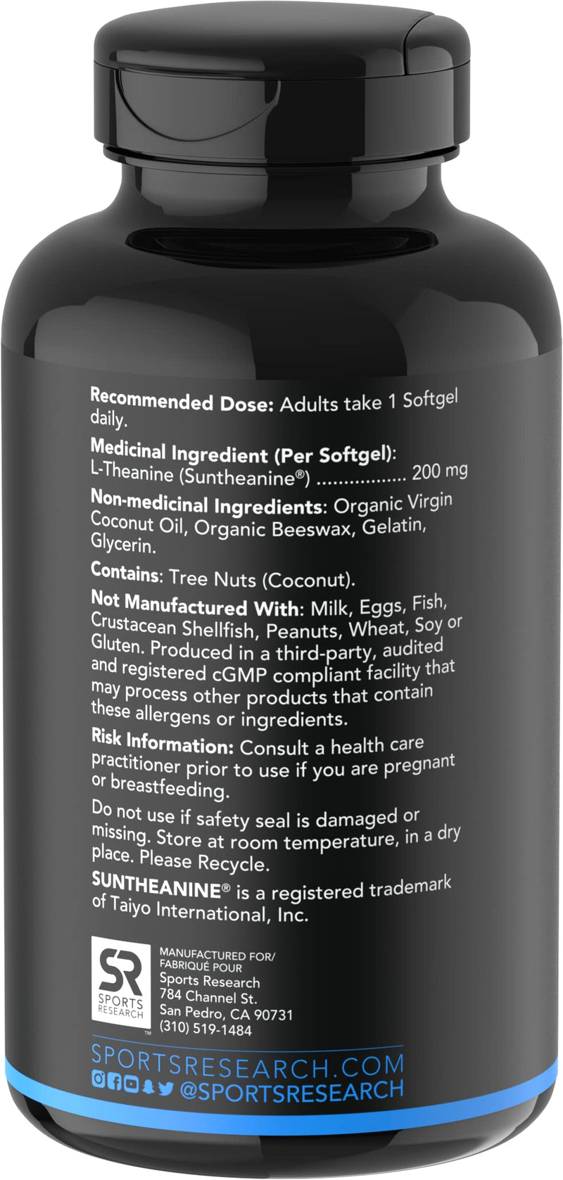 Suntheanine® L-Theanine 200mg (Double-Strength) in Cold-Pressed Organic Coconut Oil; Non-GMO & Gluten Free - 60 Liquid Softgels - NewNest Australia