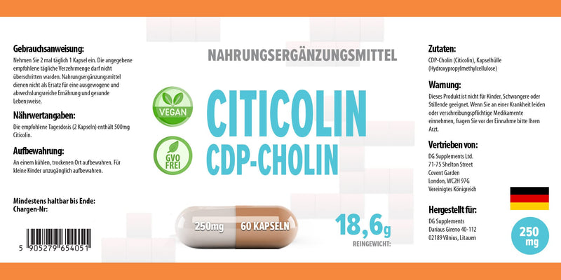 Citicoline CDP Choline 250mg 60 Vegan Capsules, Laboratory Tested, High Strength, No Fillers or Bulkers, No GMOs - NewNest Australia
