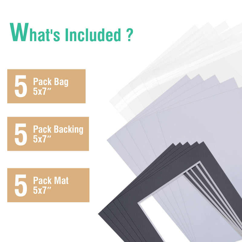 Acid Free 5 Pack 5x7 Pre-Cut Mat Board Show Kit for 4x6 Photos, Prints or Artworks, 5 Core Bevel Cut Matts and 5 Backing Boards and 5 Crystal Plastic Bags, Black 5" x 7" Pack of 5 - NewNest Australia