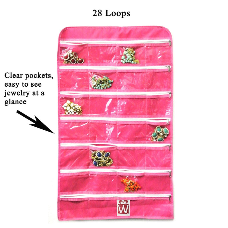 Wrapables Hanging Jewelry Organizer with 21 Holding Loops and 28 Zippered Pockets, Pink - NewNest Australia