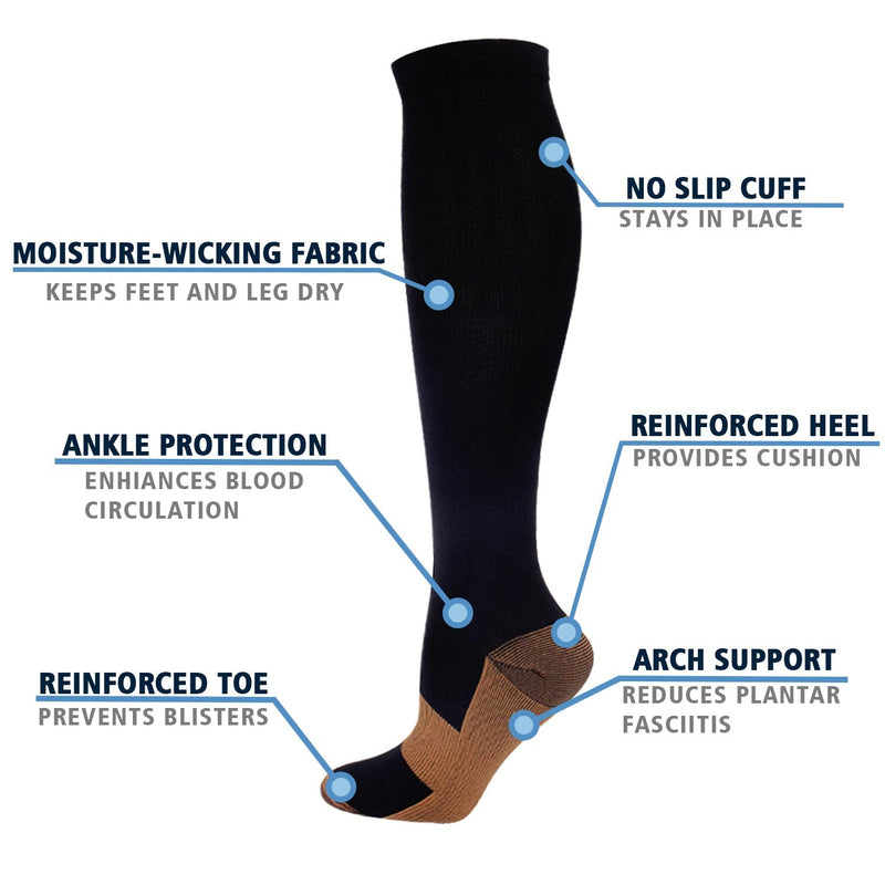 7 Pairs Copper Compression Socks for Men Women 20-30 mmHg Knee High Stockings Black Small/Medium (7 Pair) - NewNest Australia