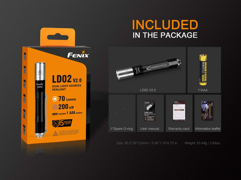 Fenix LD02 V2.0 70 lumen neutral white/UV pen-type LED flashlight bundle with AAA EdisonBright battery - NewNest Australia