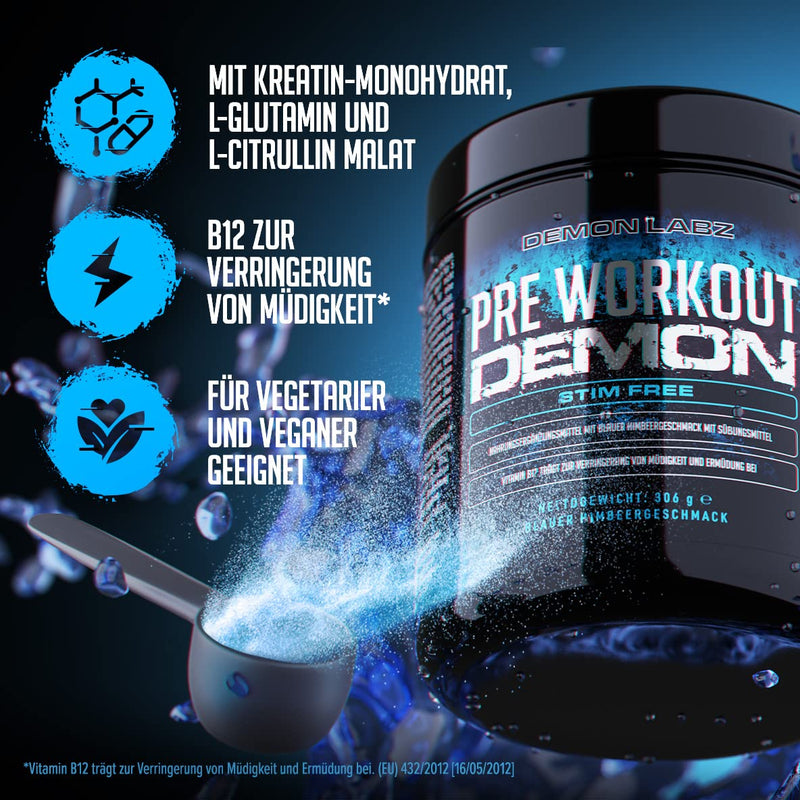 Pre-Workout Demon CAFFEINE FREE (Blue Raspberry Flavor) - Hardcore Stim-Free Pre-Workout Booster without caffeine - with creatine, glutamine & taurine - NewNest Australia