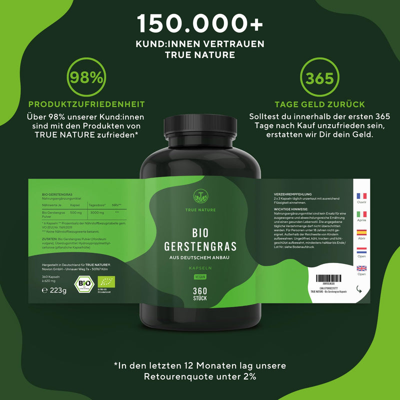 Organic barley grass - 360 capsules (500mg) - 3,000mg high dose per daily dose - German cultivation - contains selenium (contributes to the maintenance of normal hair and nails) - Vegan & laboratory tested - TRUE NATURE - NewNest Australia
