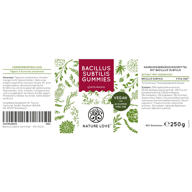 Nature Love Bacillus Subtilis Gummies - Pack Of 100 - Microbe Of The Year 2023 - Made From Natural Fruit Juice Concentrates - 96.5% Fruit Content - 3 Billion Cfu Per Daily Dose - Vegan, Laboratory Tested - NewNest Australia