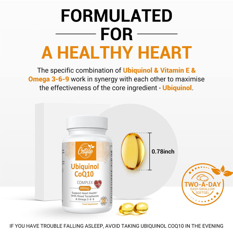 Ubiquinol CoQ10 600 mg Softgel Capsules - Active Form of CoQ10 Plus Vitamin E & Omega 3 6 9 - Advanced Antioxidant Coenzyme Q10 Dietary Supplement for Heart & Brain (60 Count, Pack of 2) 60 Pieces (Pack of 2) - NewNest Australia