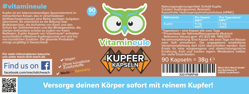 Copper capsules - 4 mg - high dosage - quality from Germany - copper gluconate without artificial additives - vegan - laboratory tested - small capsules instead of tablets - high bioavailability - Vitamineule® - NewNest Australia