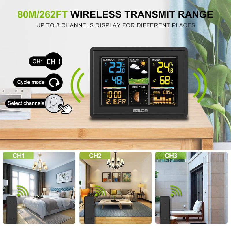 Baldr Wireless Home Weather Station with Indoor Outdoor Thermometer and Humidity Monitor,12-24 Hour Weather Forecast, Moon Phase Display, Atomic Time and Date, Barometric History, and More --Black - NewNest Australia