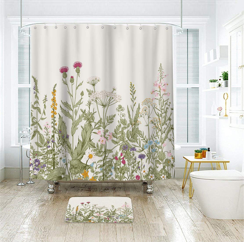 Riyidecor Green Leaves Shower Curtain Floral Flower Tulip Tree Plants Ivy White Brown Herbs Decor Bathroom Set Polyester Waterproof 72Wx72H Inch Plastic Hooks 12 Pack - NewNest Australia