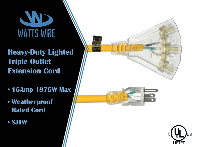 2-ft 12/3 Heavy Duty 3-Outlet Lighted SJTW Indoor/Outdoor Extension Cord by Watt's Wire - Short 2' 12-Gauge Grounded 15-Amp Power-Cord (2 foot 12-Awg) 2 ft Yellow - NewNest Australia