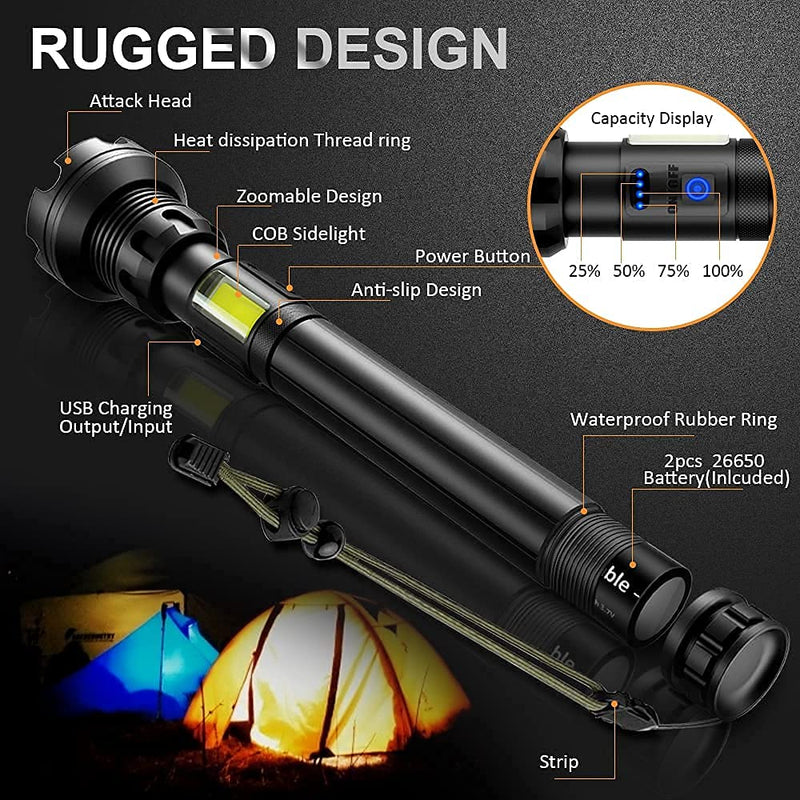 LED Rechargeable Tactical Flashlights 90000 High Lumens, XHP90 Brightest LED Flashlight with 10000mAh Battery, Zoomable, Waterproof, 7Modes, Powerful Handheld Flashlight for Camping, Emergencies use High Lumen Tactical Flashlight - NewNest Australia