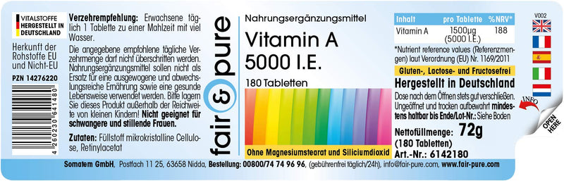 Fair & Pure® - Vitamin A 5000 IU (1500µg) - Retinyl Acetate - vegan - without magnesium stearate - 180 tablets - NewNest Australia