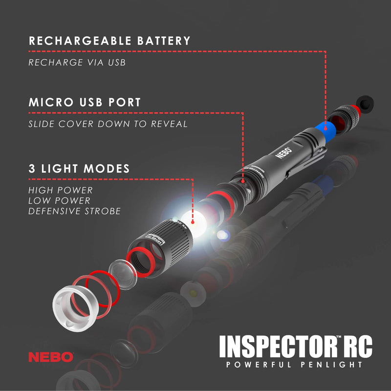 NEBO Rechargeable Pen Light Flashlight 360-Lumens Inspector Rechargeable Flashlights Features Flex Power, Meaning it can be Operated by The Included Rechargeable Battery or by 2X AAA Batteries 1 pack - NewNest Australia