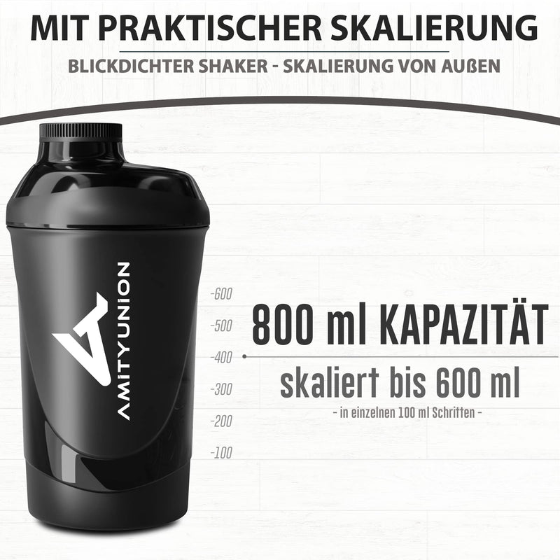 AMITYUNION Protein Shaker Deluxe 800 ml - protein leak-proof - BPA free with sieve & scale for creamy whey protein powder shakes fitness cup for isolates and sports concentrates Midnight Black - NewNest Australia