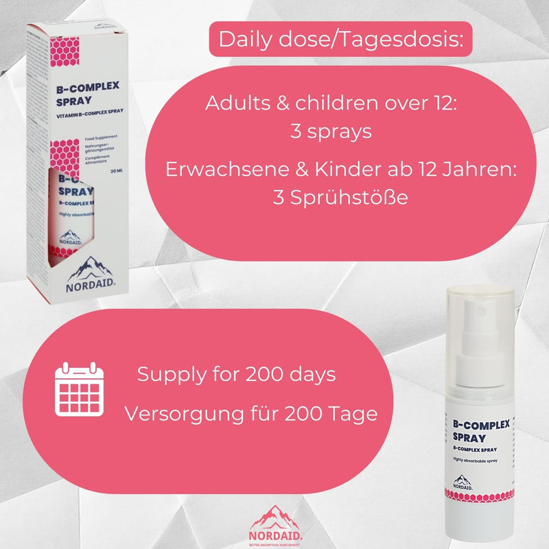 Vitamin B complex spray - for 2 months - alternative to drops & capsules - B complex vitamin high dose - vitamin B complex preparations - vitamin B spray - vitamin B complex forte - Nordaid - NewNest Australia