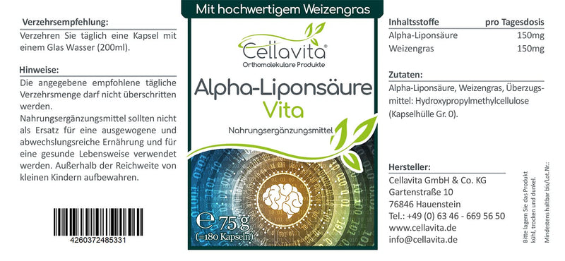 Cellavita Alpha-Lipoic Acid Vita (a-lipoic acid) with wheatgrass in capsules | (180 capsules) 180 capsules - NewNest Australia