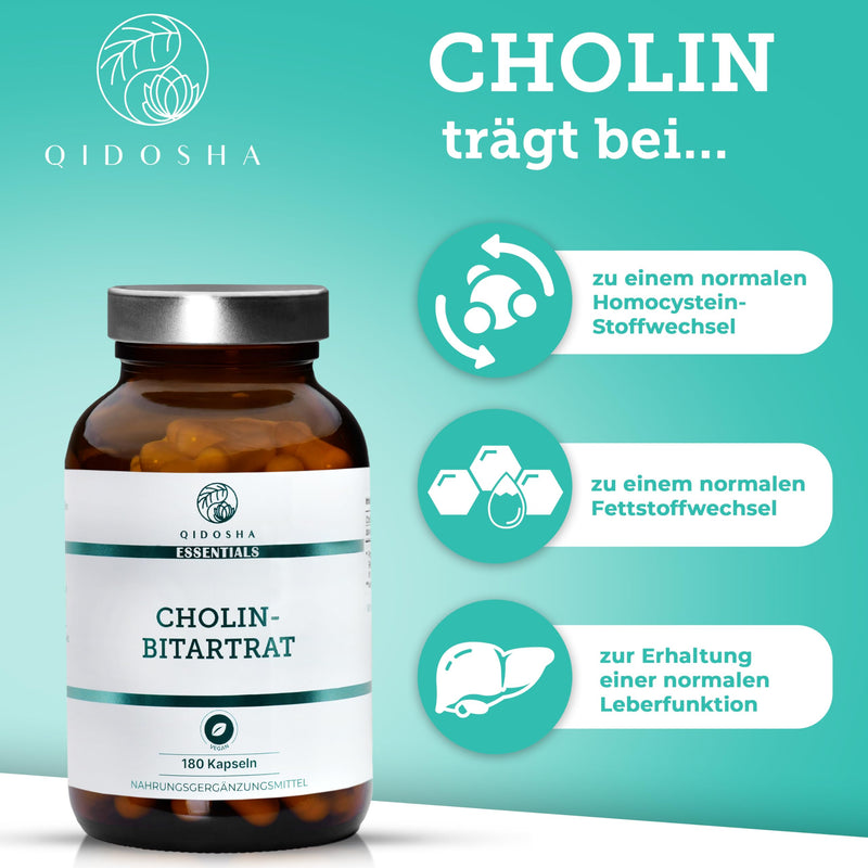 QIDOSHA® choline bitartrate capsules high dosage, 180 capsules in a pharmacist jar, full 630mg choline bitartrate per capsule, vegan, laboratory tested, German production - NewNest Australia