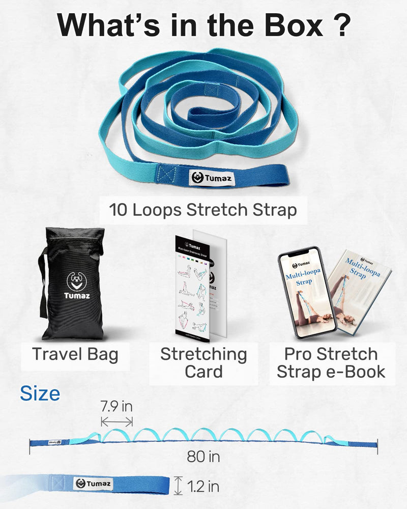 Tumaz Stretching Strap - 10 Loops & Non-Elastic Yoga Strap - The Perfect Home Workout Stretch Strap for Physical Therapy, Yoga, Pilates, Flexibility - [Extra Thick, Durable, Soft] Multi-Loop 02. Blue Match - NewNest Australia