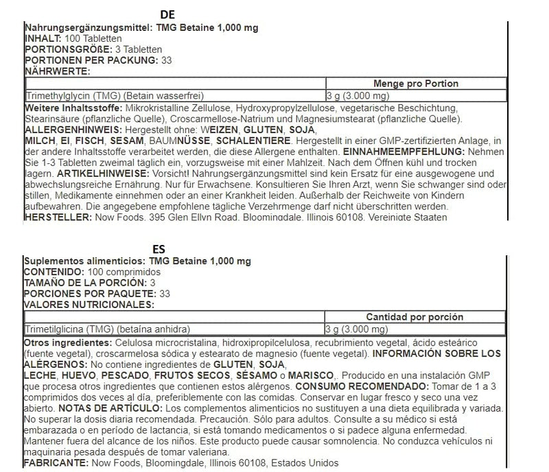 Now Foods, TMG (trimethylglycine), 1,000 mg, 100 vegan tablets, betaine - NewNest Australia