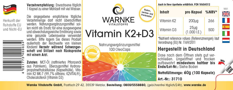Vitamin K2 + D3 200µg / 1000 IU - 100 OleoCaps capsules from our own production - Original K2VITAL® 99.7% all-trans K2 MK-7 - German pharmacy quality - high dosage | Warnke vital substances - NewNest Australia