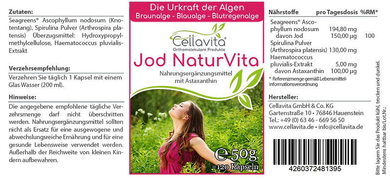 Cellavita Iodine Nature Vita 4-month supply 120 capsules | made from kelp algae with astaxanthin - brown algae blue algae blood rain algae | natural source of IODINE | Seaweed without additives - NewNest Australia