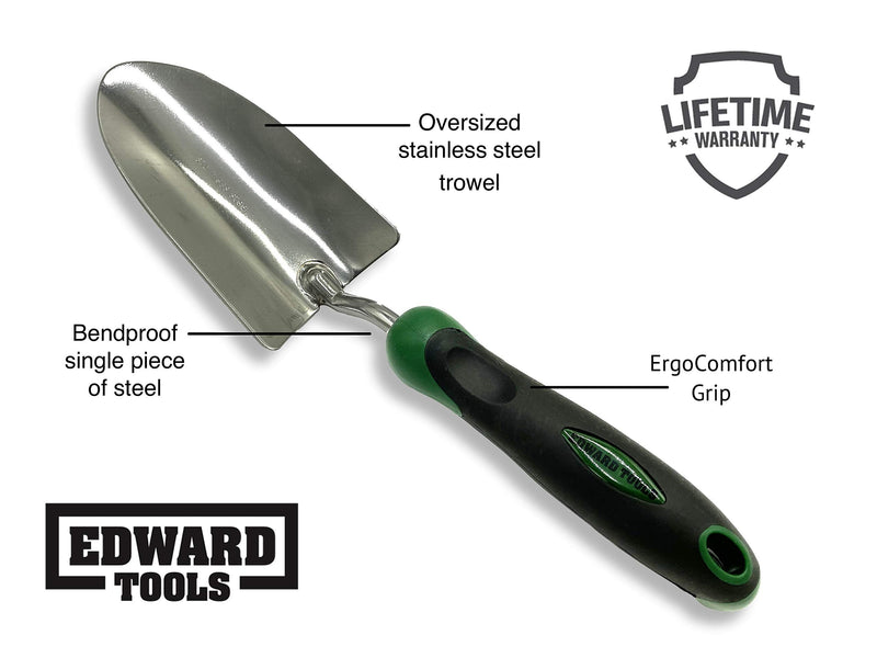 Edward Tools Bend-Proof Garden Trowel - Heavy Duty Polished Stainless Steel - Rust Resistant Oversized Garden Hand Shovel for Quicker Work - Digs Through Rocky / Heavy soils - Comfort Grip (1) 1 - NewNest Australia