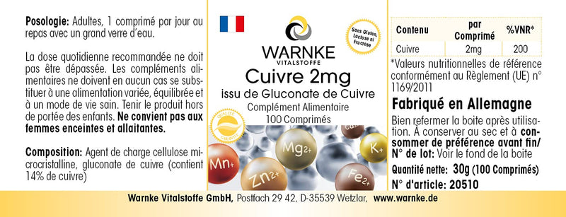 Copper 2mg from copper gluconate - vegan - 100 tablets | Warnke vital substances - NewNest Australia
