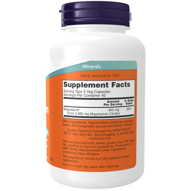 NOW Supplements, Magnesium Citrate, Enzyme Function, Nervous System Support, 120 Veg Capsules - NewNest Australia