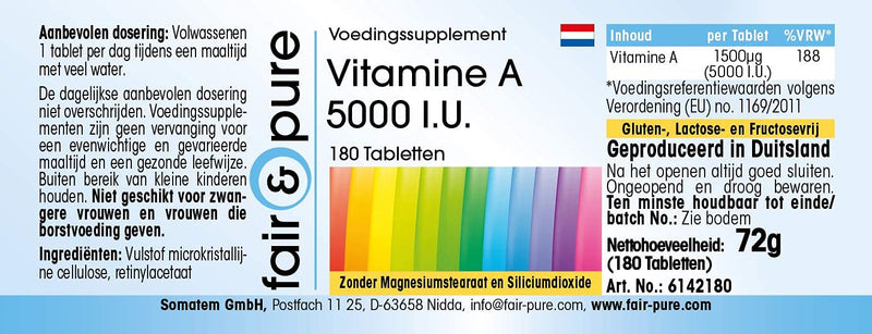 Fair & Pure® - Vitamin A 5000 IU (1500µg) - Retinyl Acetate - vegan - without magnesium stearate - 180 tablets - NewNest Australia
