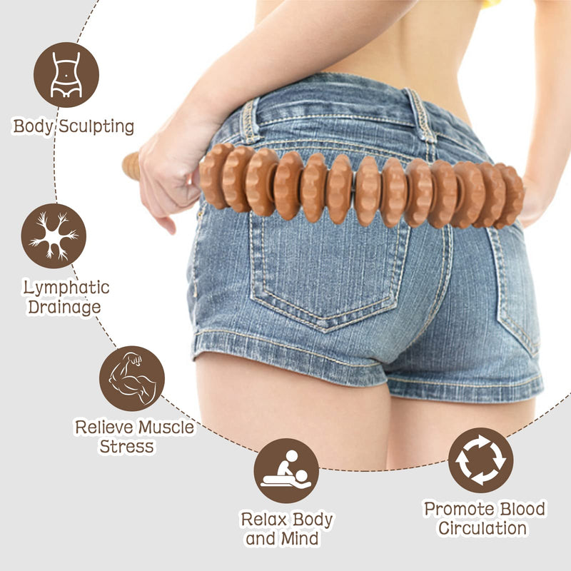 Coriver Massage Roller With Handle, 42.5 Cm Massager Fascia Roller Wood, Anti Cellulite Massager Maderotherapy Set Massage Roller For Lymphatic Drainage Legs Neck Back Body - NewNest Australia