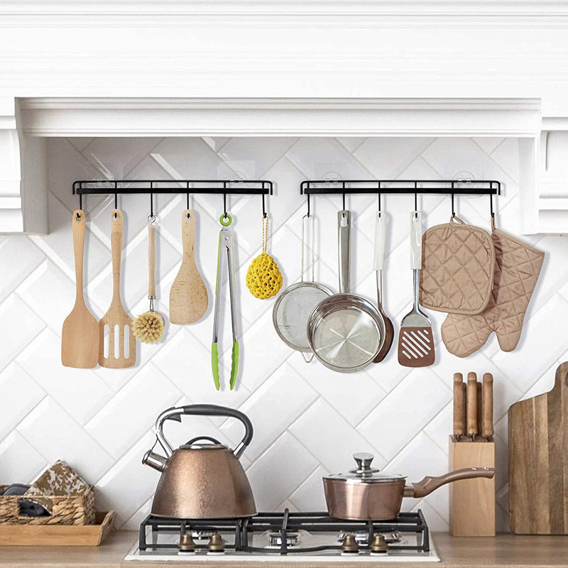 Jeowoqao Utensil Hangers with 6 Hooks Space Saving Wall Utensil Holder Kitchen Utensil Hooks No Drilling Wall Mounted Adhesive Wall Hooks Rack for Kitchen Bathroom Bedroom 2 Packs (Black) - NewNest Australia