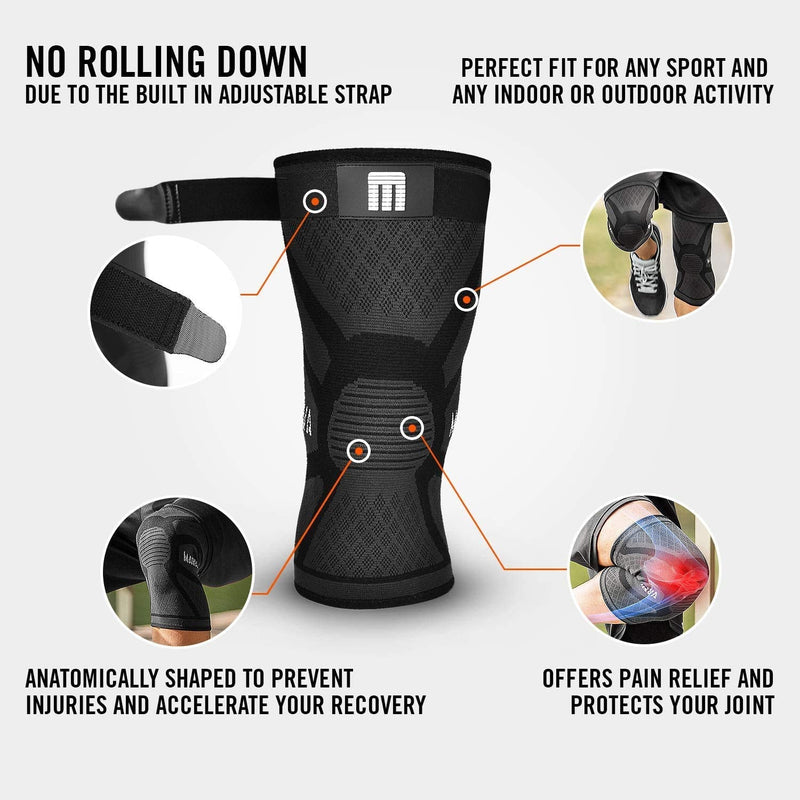 Mava Sports Knee Compression Sleeve Support for Men and Women - Perfect for Powerlifting, Weightlifting, Running, Gym Workout, Squats and Pain Relief Active Black - Strap X-Large - NewNest Australia