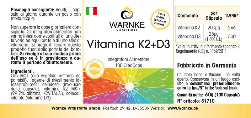 Vitamin K2 + D3 200µg / 1000 IU - 100 OleoCaps capsules from our own production - Original K2VITAL® 99.7% all-trans K2 MK-7 - German pharmacy quality - high dosage | Warnke vital substances - NewNest Australia
