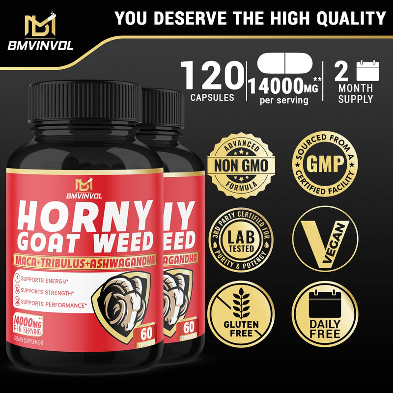 (2 Packs) Horny Goat Weed Capsules, 14000mg Herbal Equivalent with Maca, Tribulus, Ginseng - Performance and Energy Support - 120 Capsules - NewNest Australia