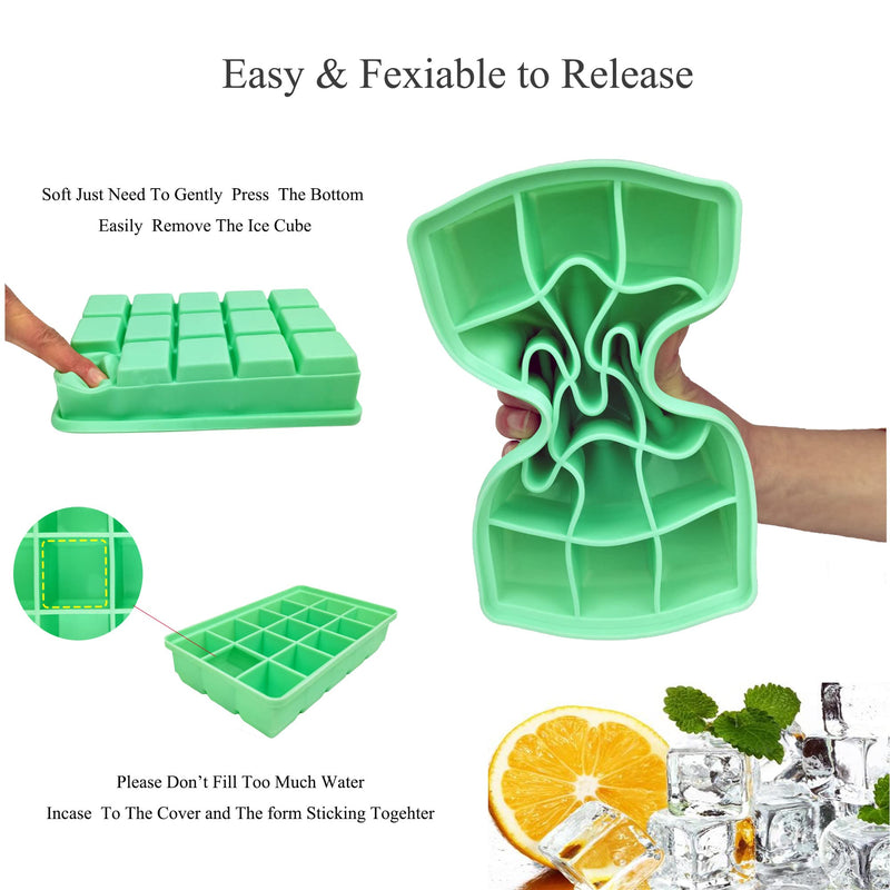 2 Pack Silicone Ice Cube Trays with Removable Lids-Easy Release Flexible-8 Large Ice Cubes + 15 small Cubes Ice Tray Molds for Cocktail, Whiskey, Baby Food, Chocolate-Reusable (Green) Green(large+small) - NewNest Australia