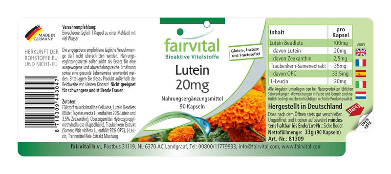 Fairvital | Lutein 20mg + Zeaxanthin - High dosage & microencapsulated - VEGAN - 90 capsules - without magnesium stearate - NewNest Australia