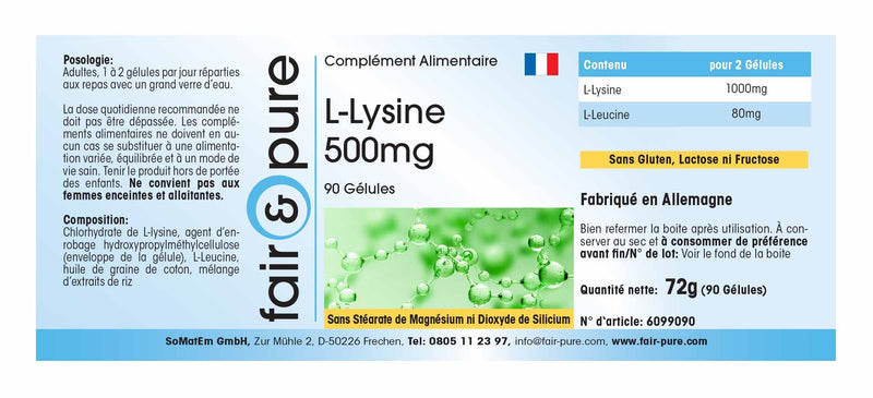 Fair & Pure® - L-Lysine capsules 500mg - vegan - without magnesium stearate - essential amino acid - 90 capsules - NewNest Australia