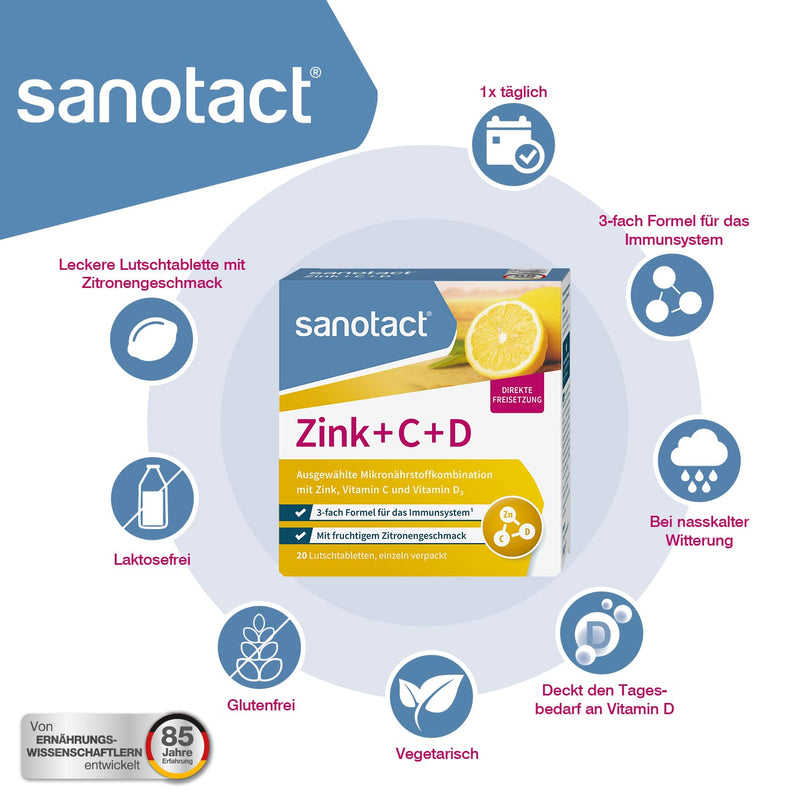 sanotact Zinc+C+D • 20 zinc lozenges high dose with vitamin C • With zinc vitamin C & D3 vitamins • Covers daily requirement of vitamin D3 20 pieces (pack of 1) - NewNest Australia