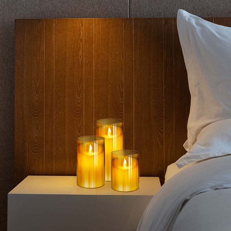 NURADA Flickering Flameless Candles: LED Pillar Candles with Imitation Glass - Acrylic Battery Candles with Remote and Timer, Pack of 3 (D:3"x H:4"5"6") & Gold… 3"x4''5''6" - NewNest Australia