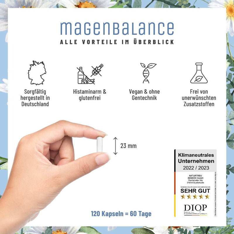 NATURTREU® Stomach Balance Betaine HCL Complex vegan - with pepsin, chamomile & chloride - support of stomach acid and digestion* - high-dose full-spectrum enzyme capsules - NewNest Australia