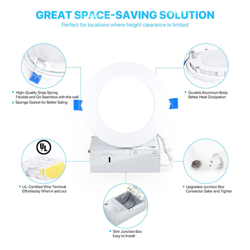 Ensenior 1 Pack 4 Inch Ultra-Thin LED Recessed Ceiling Light with Junction Box, 2700K Soft White, 9W 75W Eqv, Dimmable Can-Killer Downlight, 750LM High Brightness - ETL and Energy Star Certified 2700k - Soft White - NewNest Australia