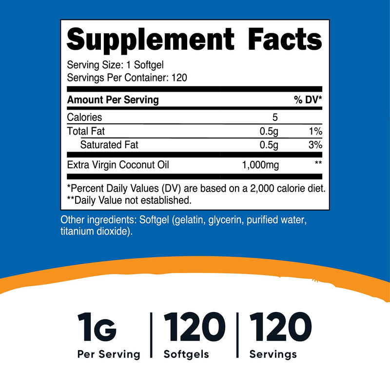 Nutricost Coconut Oil Softgels (1000mg) 120 Softgels - Extra Virgin Coconut Oil - Gluten Free and Non-GMO - NewNest Australia