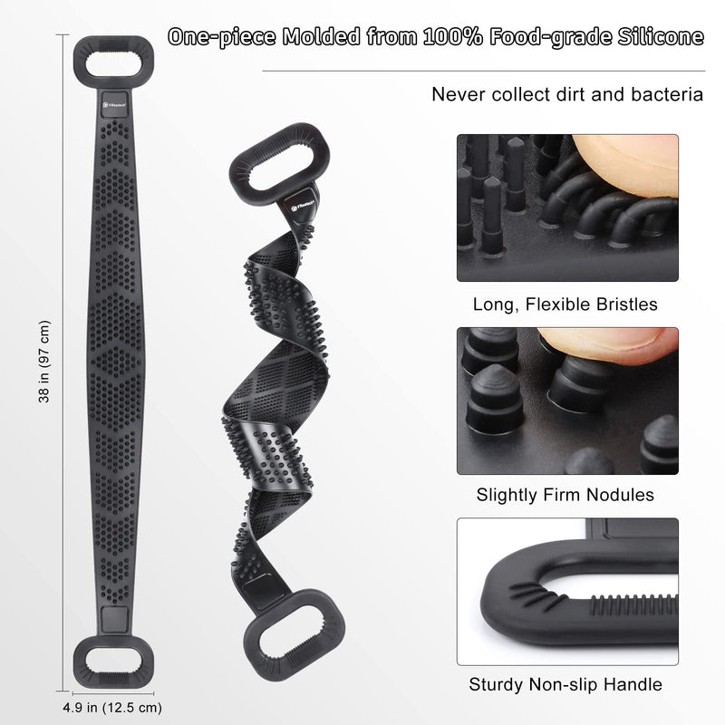 FREATECH Exfoliating Silicone Back Scrubber - 97cm Dual-sided Shower Back Washer for Deep Cleansing and Massage, Cover the Entire Back, Smooth & Rejuvenate Skin, Easy to Clean and Long-lasting, Black - NewNest Australia
