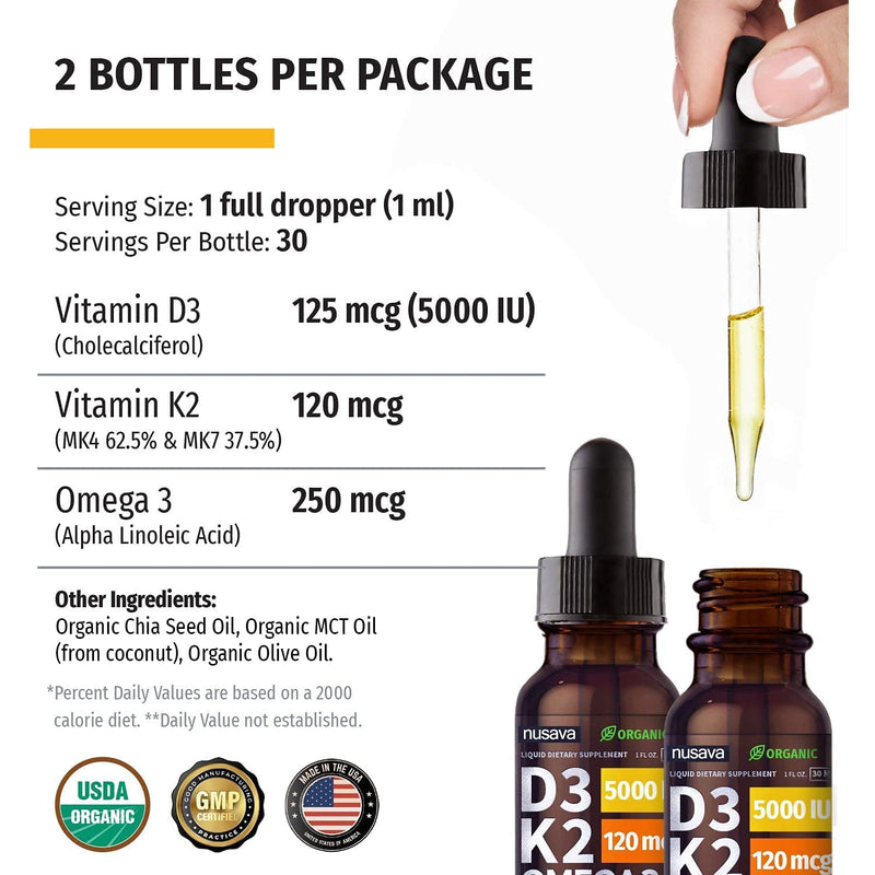 (2 Pack) Organic Vitamin D3 K2 Drops w MCT Oil Omega 3, 5000 IU, Maximum Strength Vitamin D Liquid 5000 IU, No Fillers, Non-GMO Liquid D3 for Faster Absorption & Immune Support, Unflavored, 2 Fl Oz 1 Fl Oz (Pack of 2) - NewNest Australia