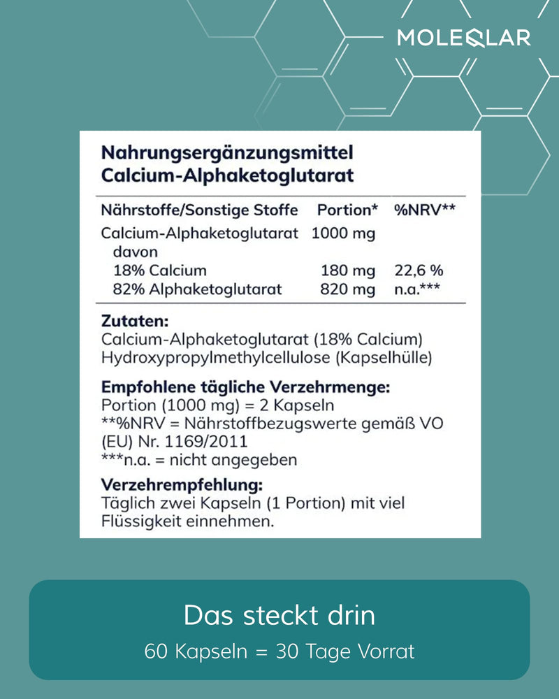 MoleQlar CaAKG (calcium alphaketoglutarate) 60 capsules - dietary supplement with calcium & alphaketoglutarate - 1000mg calcium AKG per capsule - NewNest Australia