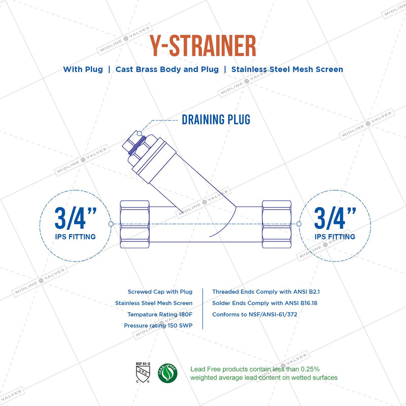 Midline Valve 322U256 Y-Strainer with Stainless Steel Mesh Screen, Pipeline Filter Valve 3/4 in. FIP, Cast Brass Single Pack 3/4 in. - NewNest Australia